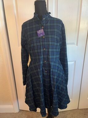 Kiel James Patrick Cozy Cabin Flannels Green Blue Plaid Button-Up Flare Dress M